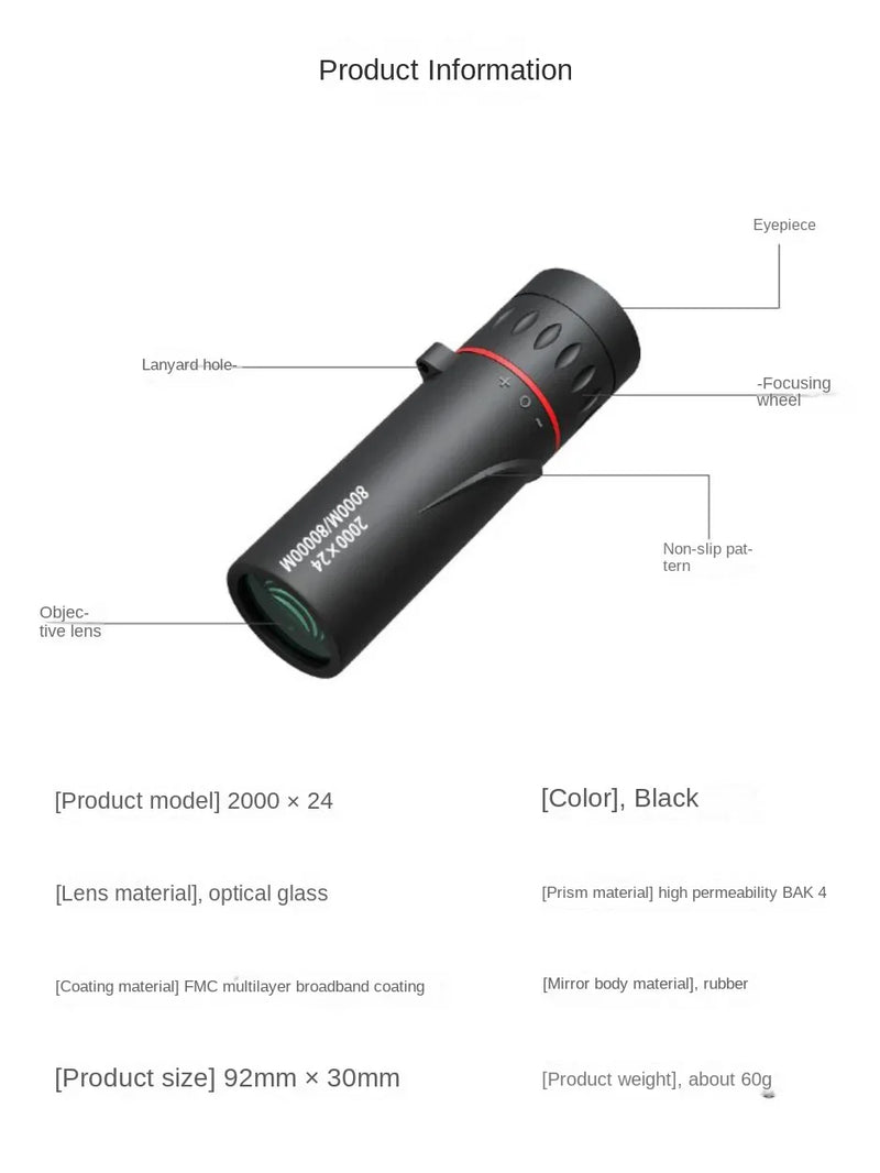 Telescópio monocular hd 2000x24, mini telescópio portátil para celu plar com suporte para acampamento ao ar livre, caça, observação deássaros